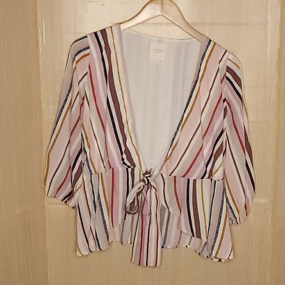 Harper Pink Striped Silky Open Front Tie Top XS - Picture 1 of 7